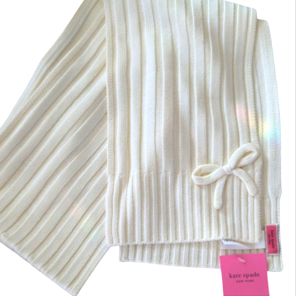 NWT Kate Spade Ribbed Bow Knit Scarf- French Cream  w/metallic threads  90"x9.5"